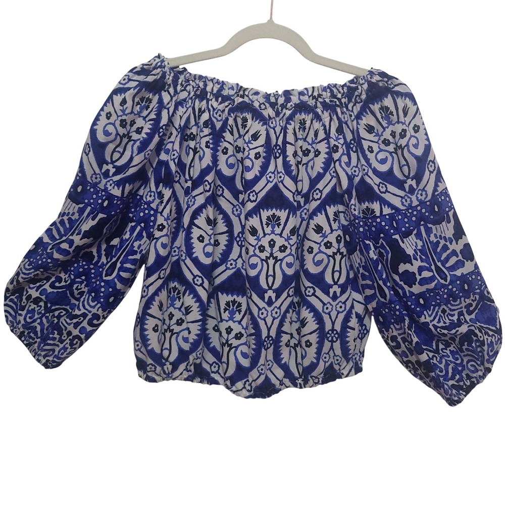 Haute Hippie Women's Printed Blouse XS Off Shoulder Elastic Top Long Sleeve